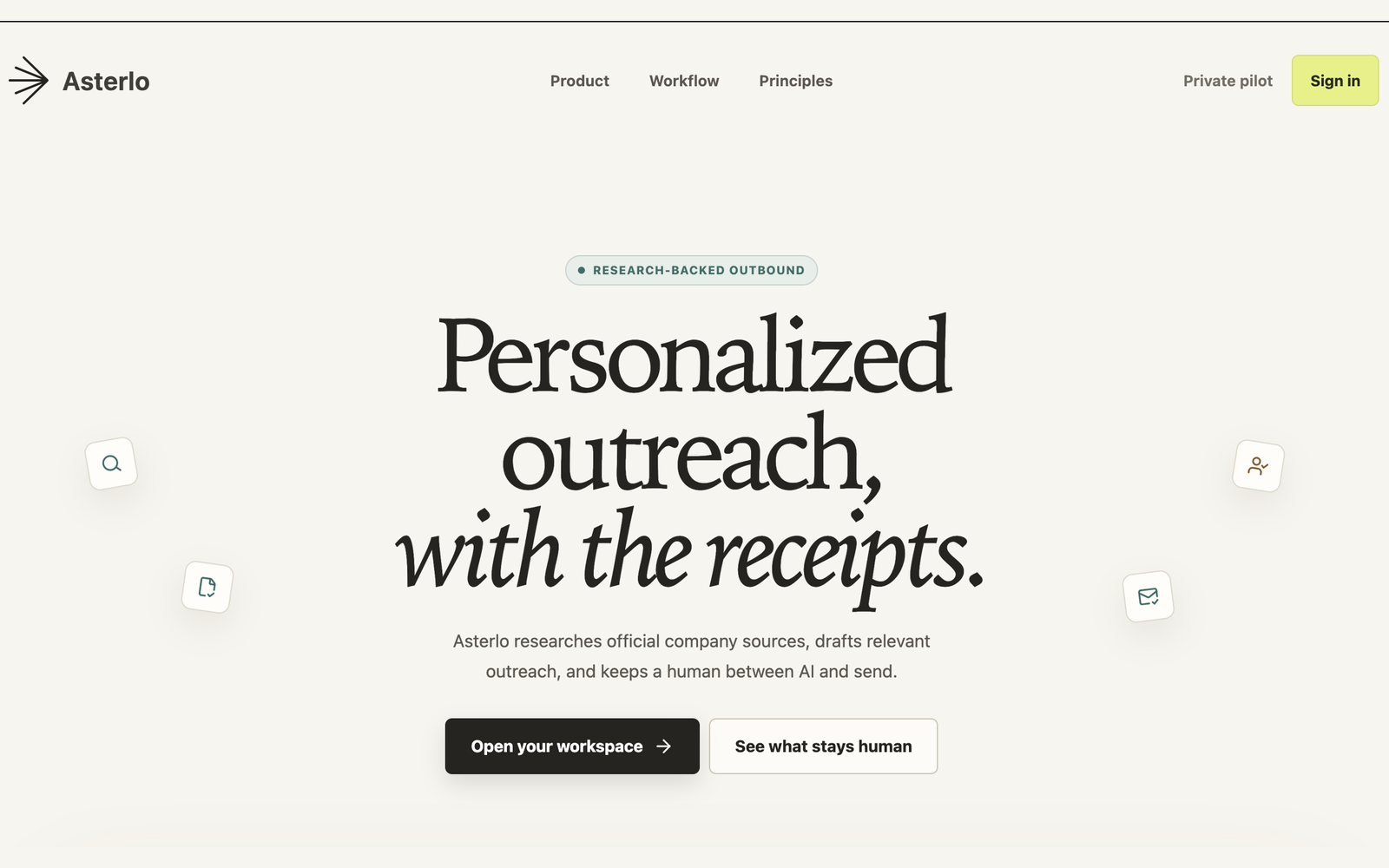 Asterlo's landing page: 'Personalized outreach, with the receipts.', above buttons to open the workspace