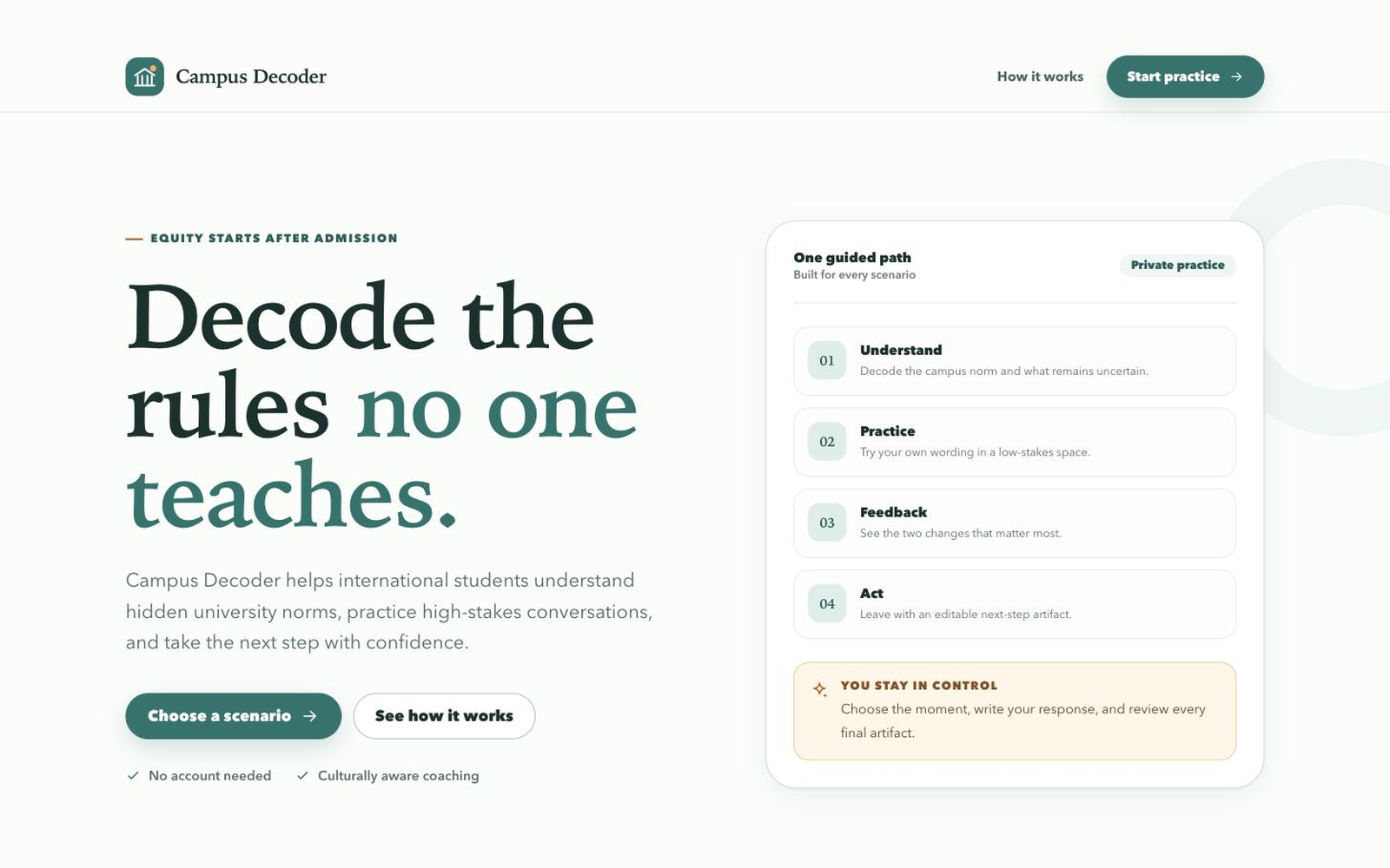 Campus Decoder's landing page: 'Decode the rules no one teaches', beside the four-step understand, practice, feedback, act path