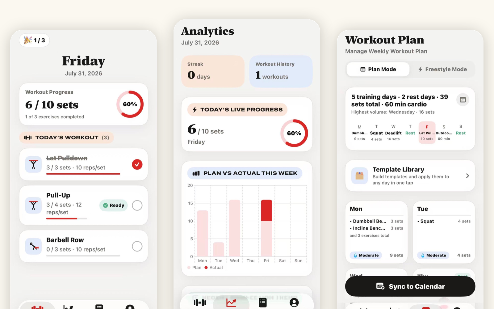 Three RepDay screens: the day's workout with set progress, the analytics view, and the weekly workout plan